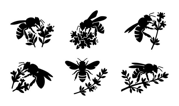 Bee and Flower Silhouettes, Insect Vector Icons, Nature Elements Collection, Organic Design Graphics