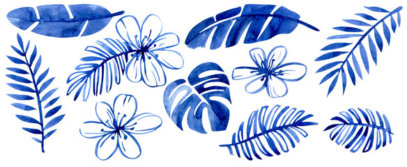 Obraz premium Watercolor set with blue tropical leaves and flowers. Abstract tropical plants