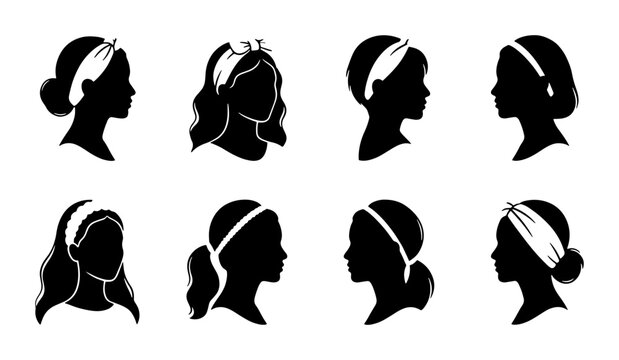 Silhouette Headband Styles, Vector Hair Accessories Collection, Elegant Female Profiles