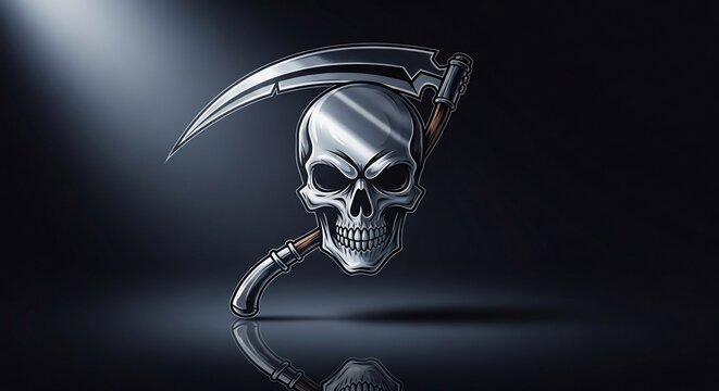 Gleaming Grim Reaper's Scythe & Skull - Dramatic, Reflective 3D Art