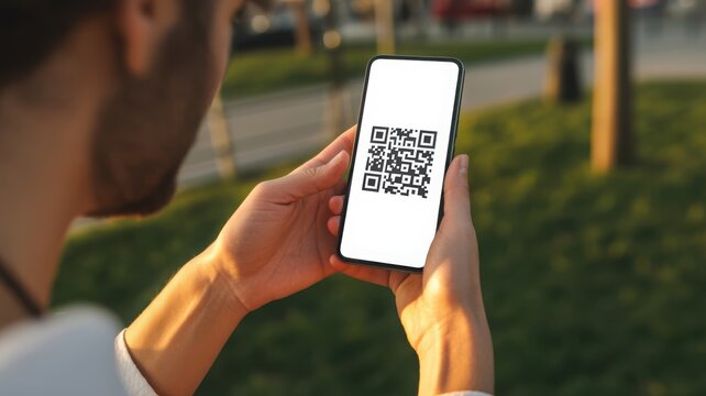 Man holding a smartphone with a QR code displayed on its white screen in an outdoor park setting
