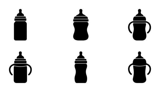 Baby Bottle Icons Set, Infant Feeding Equipment Vector Graphics, Newborn Care Supplies Collection