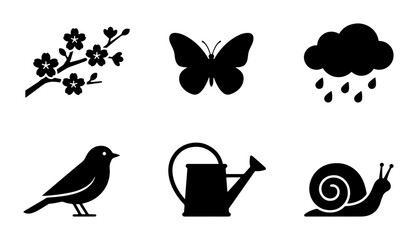 Spring Icons Set: Blossom Branch, Butterfly, Rain Cloud, Bird, Watering Can, Snail Vector Graphics © Sabiha