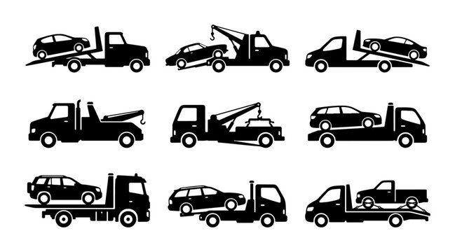 Tow Truck Icons Set, Vehicle Recovery Service, Car Transport Silhouettes, Roadside Assistance Vector Graphics