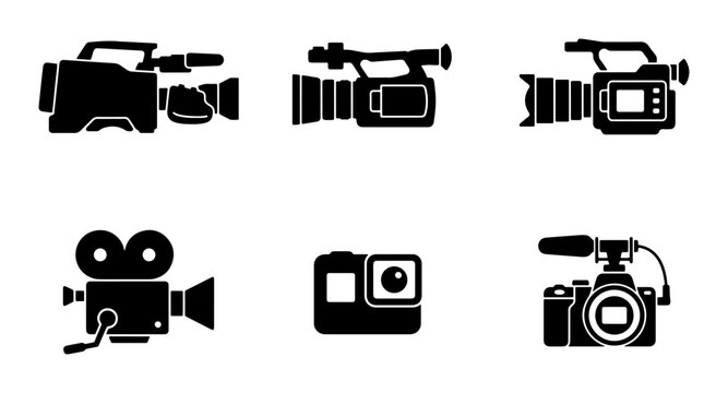 Video Camera Icons Set: Professional Camcorders, Retro Film Camera, Action Cam, DSLR
