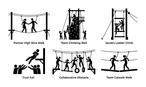 Team Building Activities Vector Icons: Trust Fall, Climbing Wall, High Wire Walks