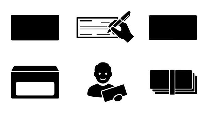 Financial Icons: Check Signing, Envelope, Money Stack, Person, Business Transactions