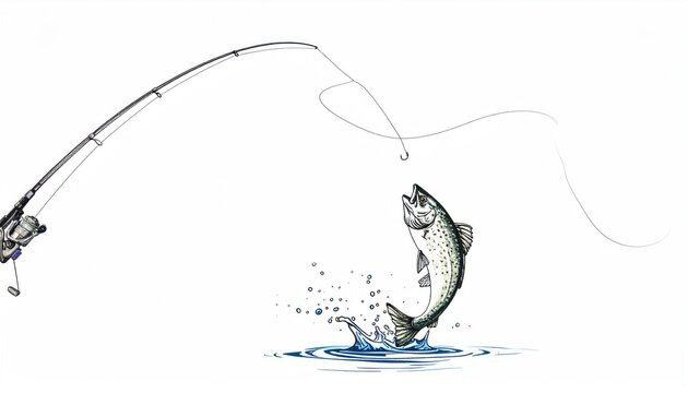Fishing rod bending with a trout leaping from water isolated illustration