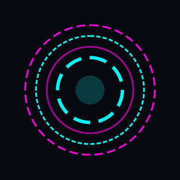 Abstract digital futuristic HUD interface with neon pink and cyan glowing concentric dashed circles illustration