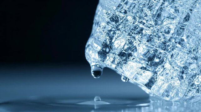 Melting ice cube with water droplet falling onto surface. Macro view of cooling process and phase transition. Chemistry and thermodynamics laboratory experiment