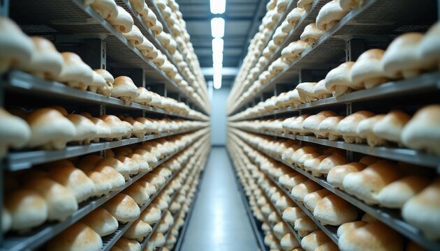Rows of fresh mushrooms grow in neat tiers on shelves inside modern indoor farm. Food production utilizes controlled environment agriculture for efficient, sustainable crop cultivation, distribution.