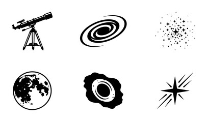 Astronomy Icons Set: Telescope, Galaxy, Moon, Stars, Space Objects, Vector Graphics © Anik
