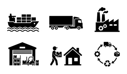 Fototapeta premium Logistics Icons: Shipping, Truck, Factory, Warehouse, Delivery, Supply Chain Icons