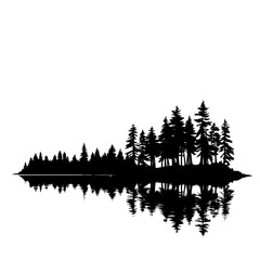 Serene forest lake shoreline silhouette with trees reflected in calm water, peaceful natural scenery vector illustration. © Sarfaraz