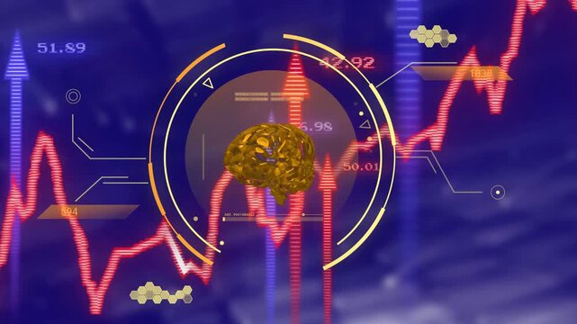 Red waveform driving golden brain rotating in HUD rings, bars pulsing, labels updating showing data