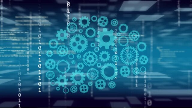 Sliding panels revealing cyan gears, assembling brain shape, binary scrolling, showing data flow