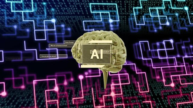Dialog boxes sliding in, golden brain rotating, AI tag visible, nodes pulsing, showing query flow