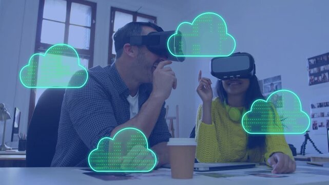 Woman placing VR headset while man adjusting, animated clouds linking to headset for team tech demo