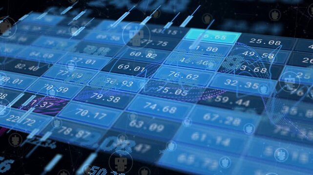 Waveform arching across 3D data grid, tiles pulsing, numbers updating, visualizing market trends
