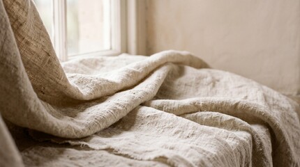 softly draped raw linen fabric on a window sill in morning light