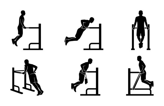 Dip Bar Exercises Set, Fitness Training Silhouettes, Bodyweight Workout Icons, Gym Strength Poses