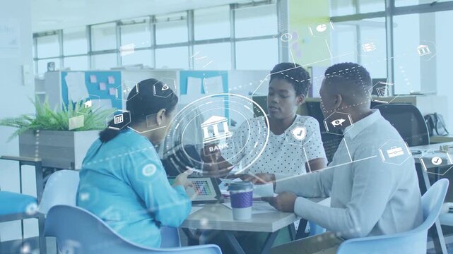 Left woman tapping tablet and team debating while HUD with bank icon expanding, analyzing finances