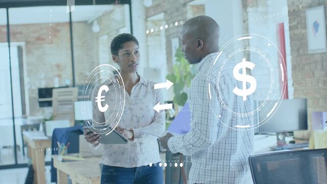 Woman tapping tablet and man gesturing, currency icons animating between them, showing forex flow