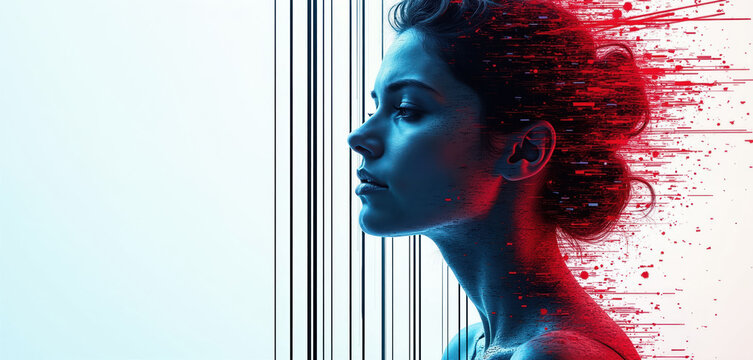 Woman profile with data stream effect. Blue light on face, red digital noise dissolving hair. Abstract concept of digital transformation identity.