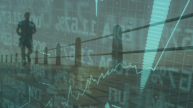 Senior man jogging along boardwalk, driving financial line chart and upward arrows showing growth