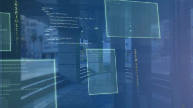 UI panels fading in and sliding, overlaying covered corridor and steps, visualizing code and binary