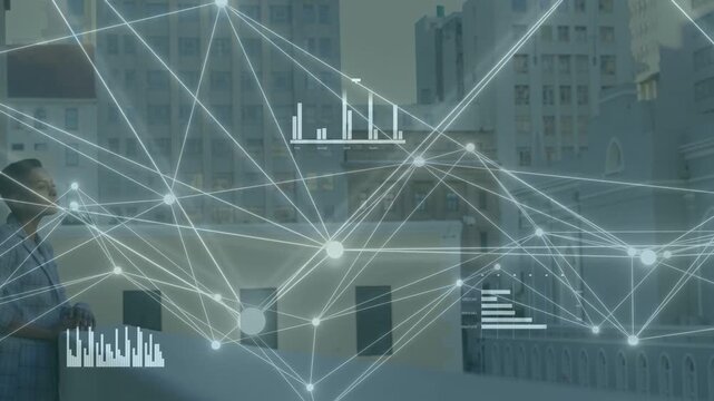 Woman entering rooftop rail, touching chin, viewing charts, network weaving around her for business