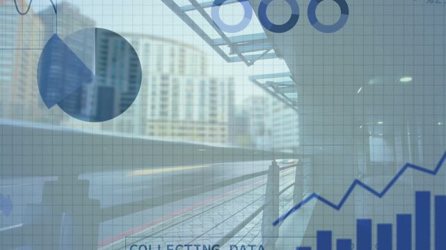 Blue analytic overlay layering platform starting COLLECTING DATA growing bars and analysing transit