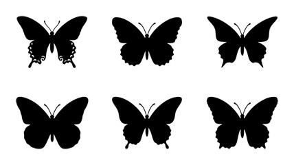 Six Black Butterfly Silhouettes, Vector Icons, Insect Graphics, Nature Elements, Elegant Wing Designs © Shahidul
