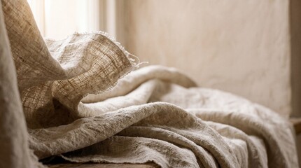Draped raw linen fabric settling into soft valleys in warm morning light