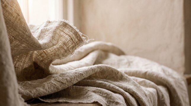 Draped raw linen fabric settling into soft valleys in warm morning light