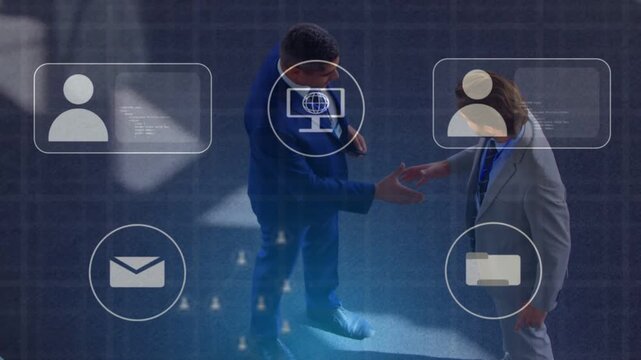 Darker man tapping device starting handshake with business partner, UI forming network syncing data