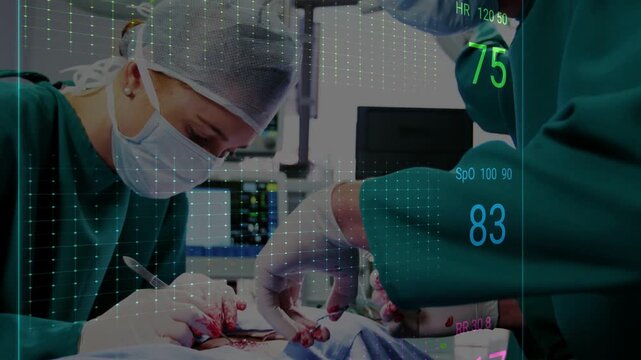 Surgical team starting incision, AR ECG overlay appearing and updating vitals while suturing