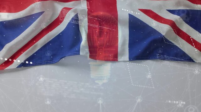 Union Jack flag rippling as light sweep triggers HUD overlay animating to reveal network data