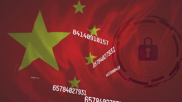 Numeric strings appearing right and flowing diagonal across flag, padlock pulsing showing security