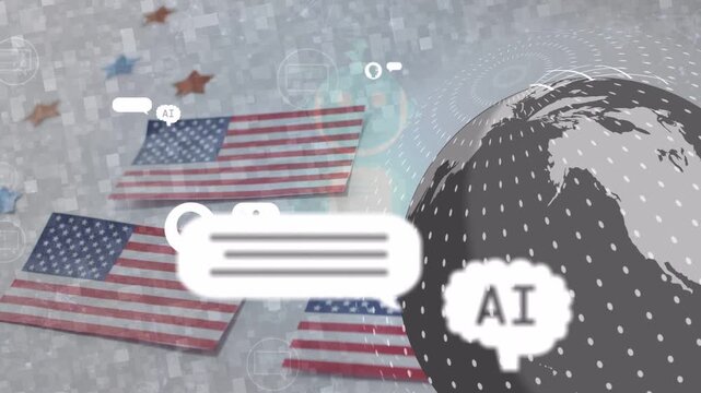 Chat icons emerging from US flags starting globe rotating and showing dots, mapping global chat