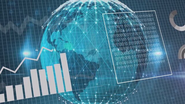 Data panels appearing initiating rotating globe pulsing while charts growing, visualizing analytics