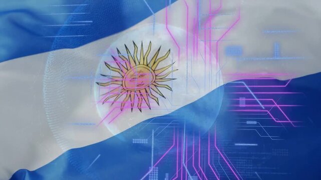 Blue-white-blue flag sun emblem waving, orb glowing while cursor touching orb activating neon net