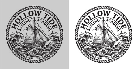 Hollow Tide Sailing Academy emblem with ship in turbulent sea, vintage rope border © Hamdani