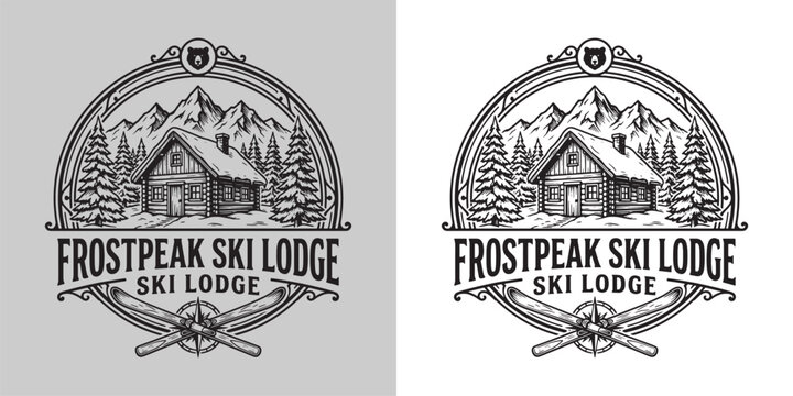 Rustic mountain ski lodge emblem featuring a log cabin and crossed skis, vintage monochrome illustration