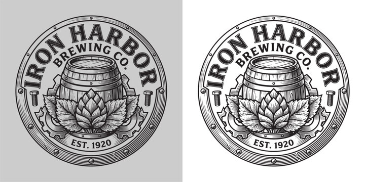 Nautical themed brewery logo with barrel, hops, and industrial bolts, Iron Harbor Brewing Co.