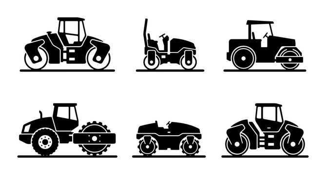 Road Roller Icons Set, Heavy Construction Machinery Vector Collection, Asphalt Compactor Equipment Graphics