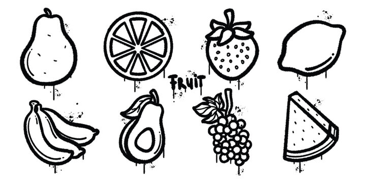 Set of graffiti spray Fresh and Natural Fruit Icon Collection vector illustration