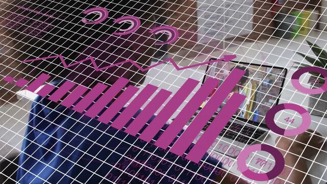 Woman browsing laptop screen and initiating magenta retail charts growing across clear grid