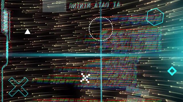 Particle surge initiating HUD panel sweeping cyan beam bisecting glyphs glitching showing data flow