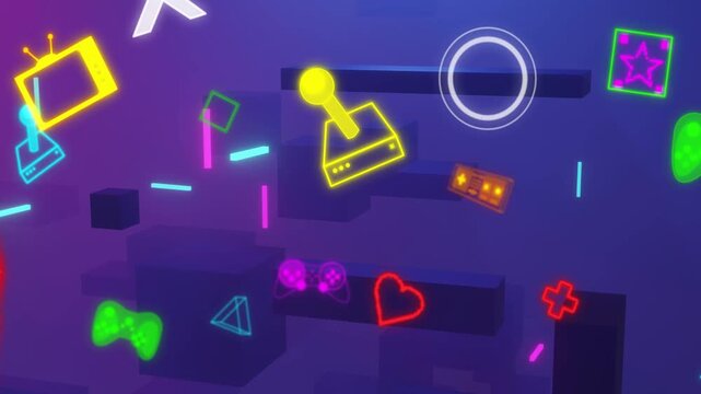 Camera shifting, neon gaming icons drifting, yellow joystick scaling, glowing, showing depth